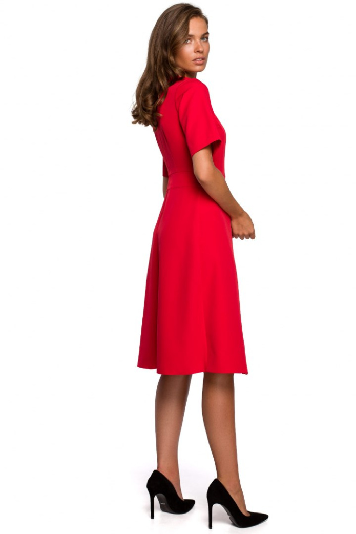 Sukienka Midi - Trapezowa Krótki Rękaw Gładka - czerwona